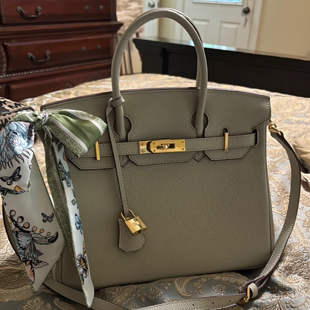 Elegant Gray Handbag with Gold Accents
